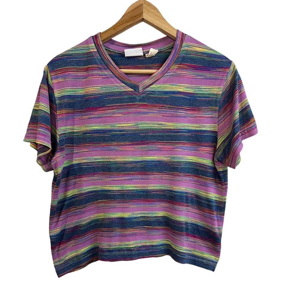 90s Xhilaration Striped V Neck Crop‎ T Shirt Women's Skate Grunge Made in USA L